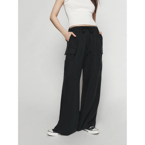 Reformation Pants - Reformation Ethan Twill Pants Black Wide Leg Cargo Drawstring Tencel Small